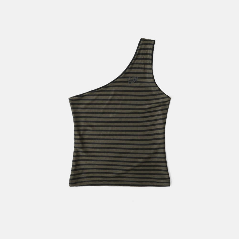 Badblood Striped One Shoulder Tank - Khaki/Black
