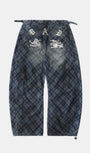 Badblood Lion Patch Washed Barrel Pants Blue Denim Check