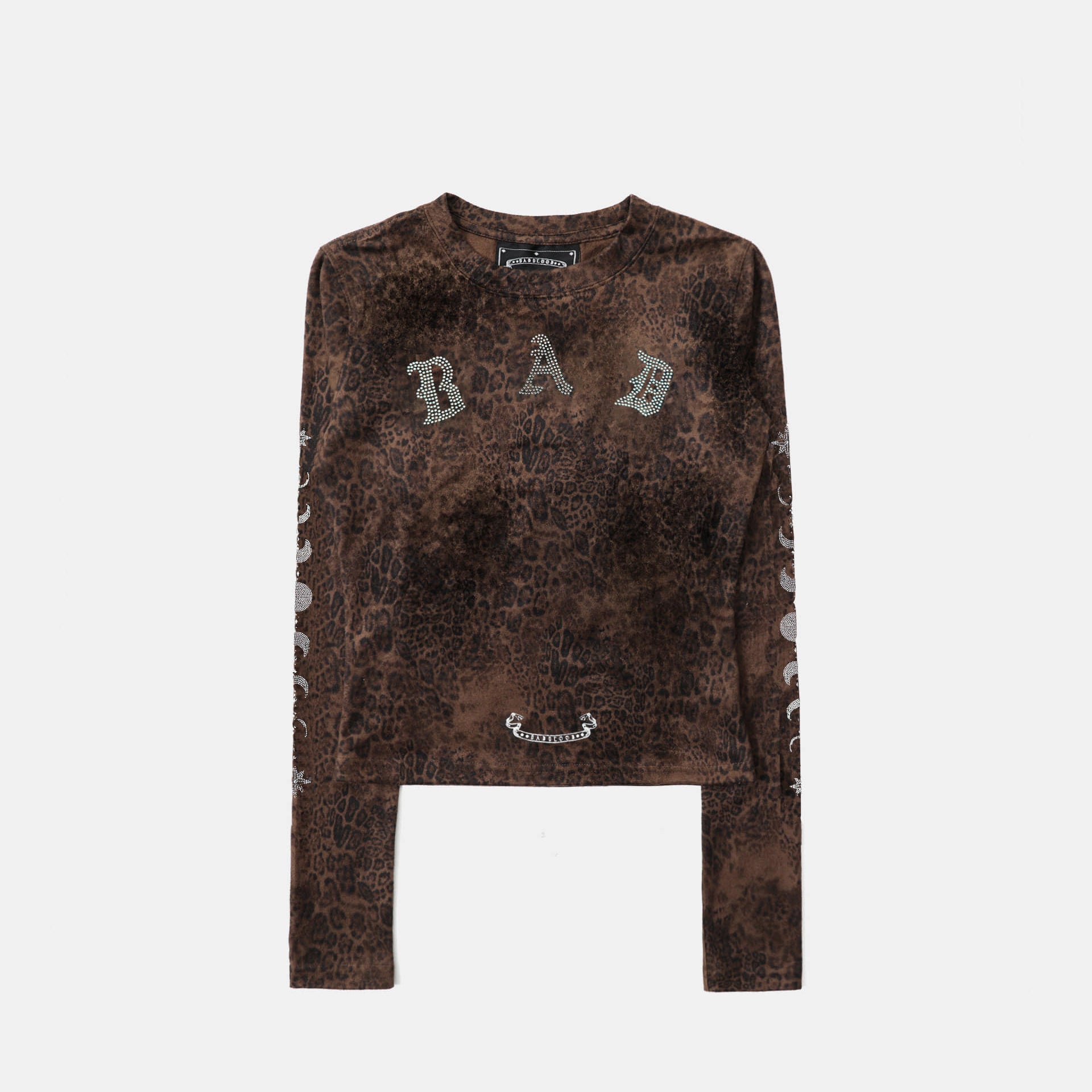 Badblood Mystic Rhinestone Logo Jersey Slim Long Sleeve Brown Leopard