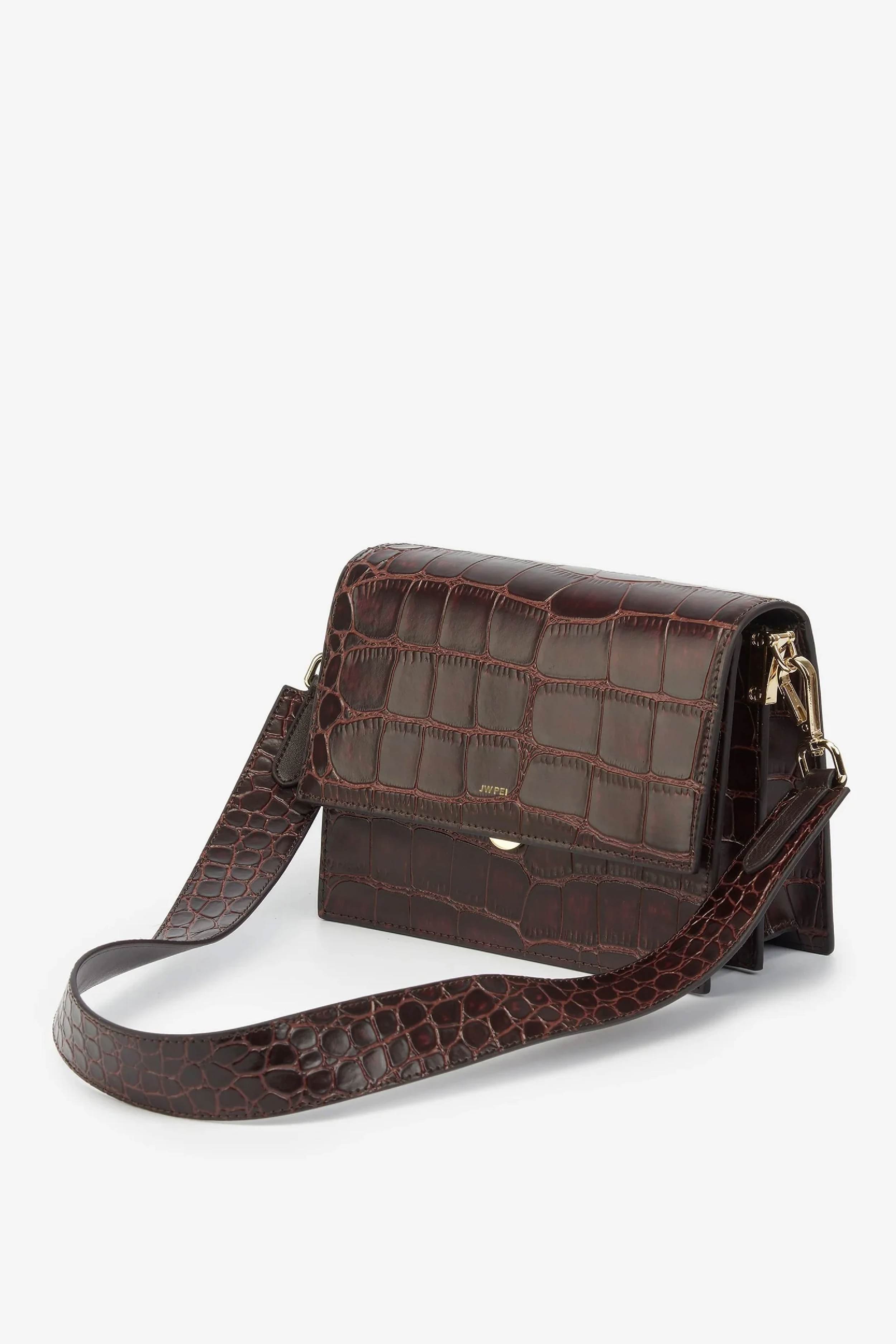 JW PEI Eva Shoulder Baguette Bag Purse Brown Croc Effect