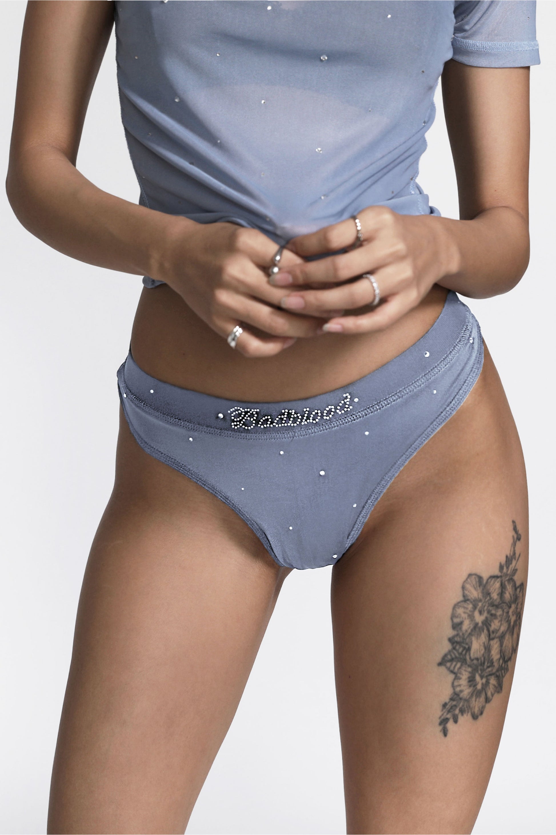 Badblood Galaxy Rhinestone Mesh Thong Dusty Blue