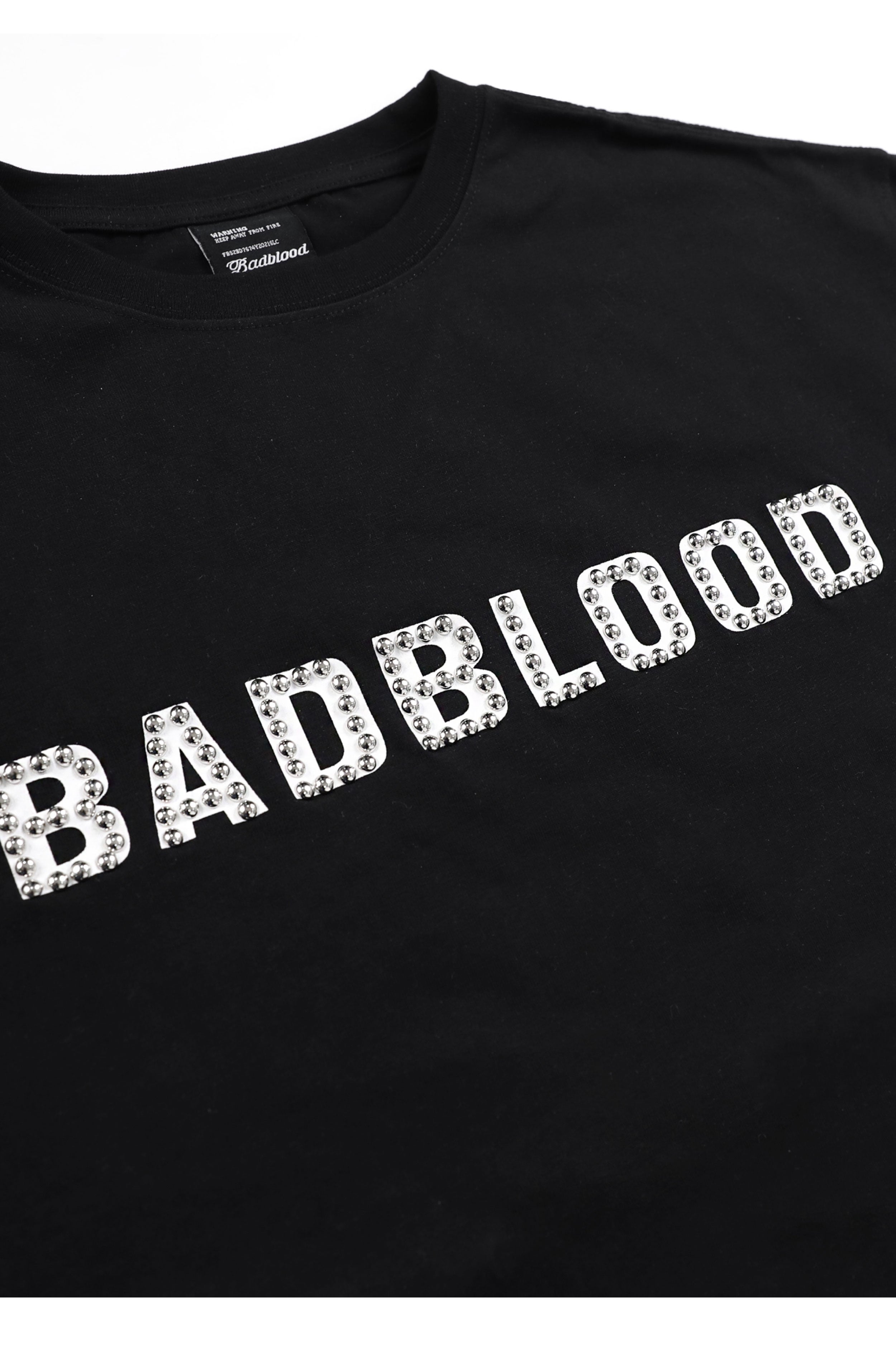 Badblood Studded Logo Short Sleeve Slim Fit Black