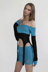 Badblood Kiddo Knit Off Shoulder Top Black/Aquamarine
