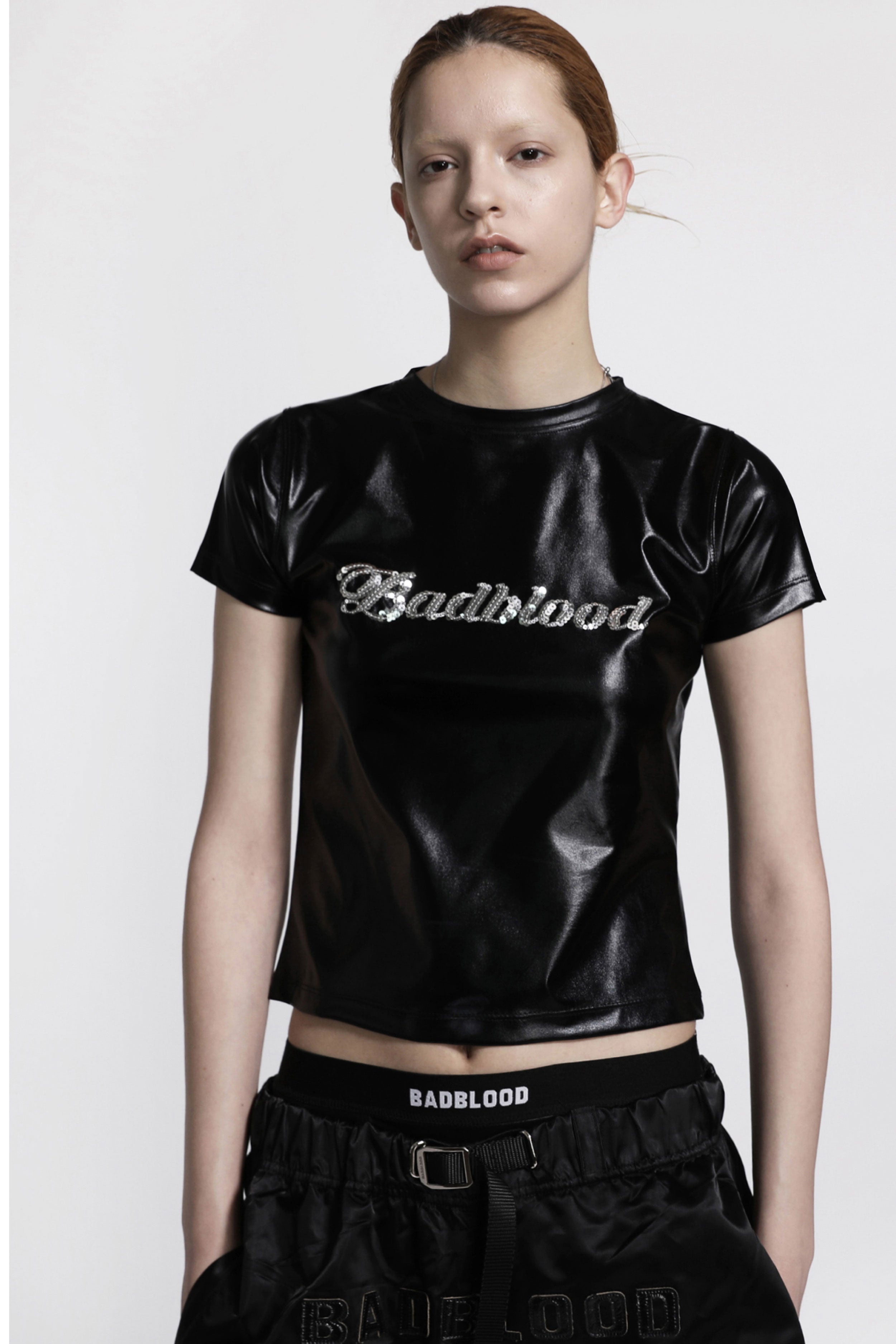 Badblood Script Sequin Logo Short Sleeve Slim Fit Black