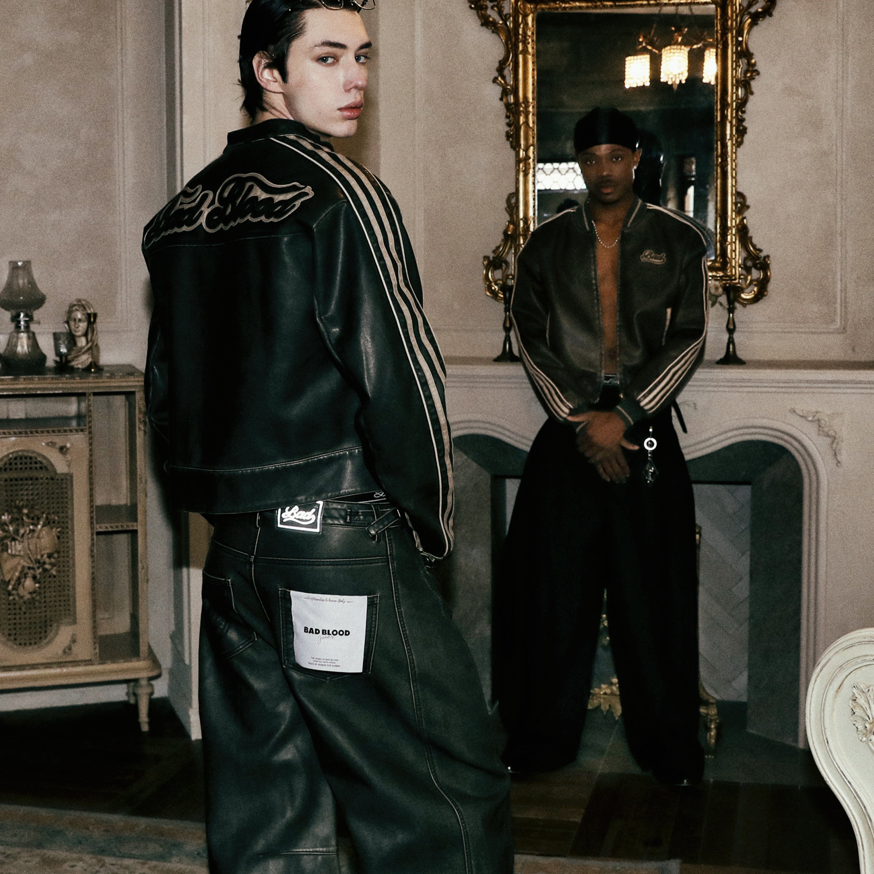 Badblood Charlie Washed Leather Barrel Pants Khaki Black