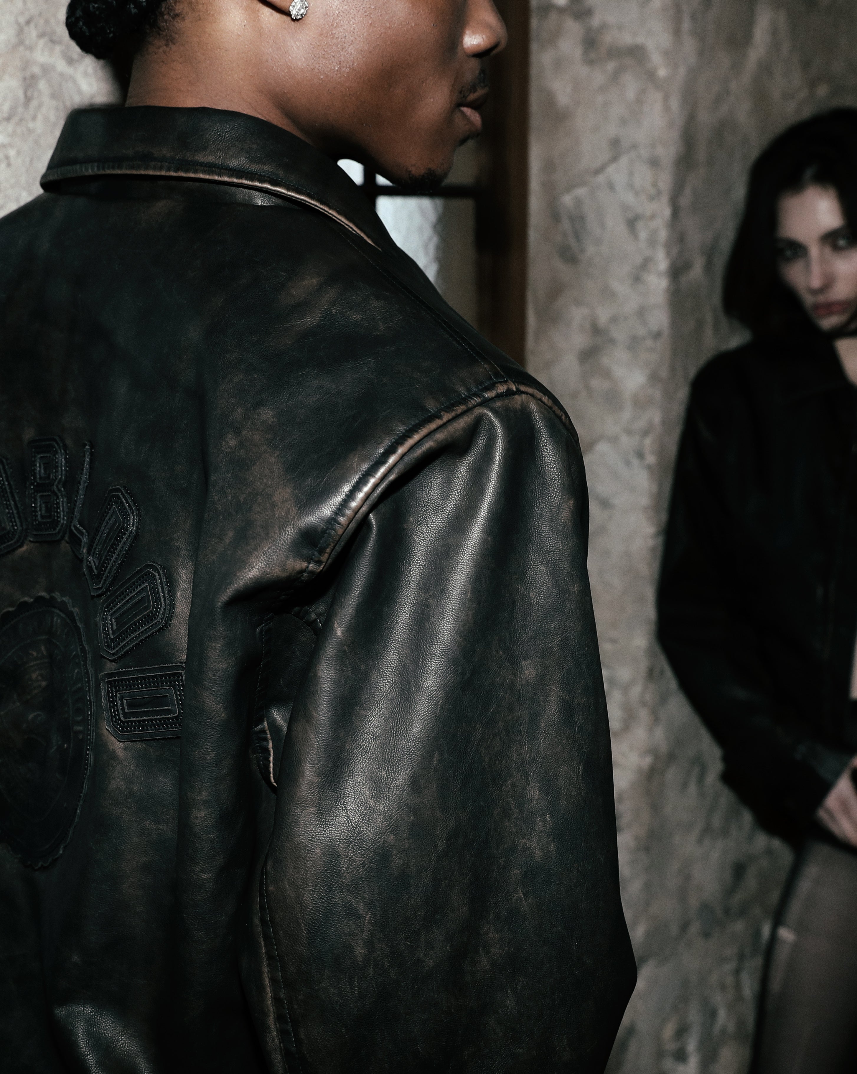 Badblood Leather Harrington Jacket Washed Brown