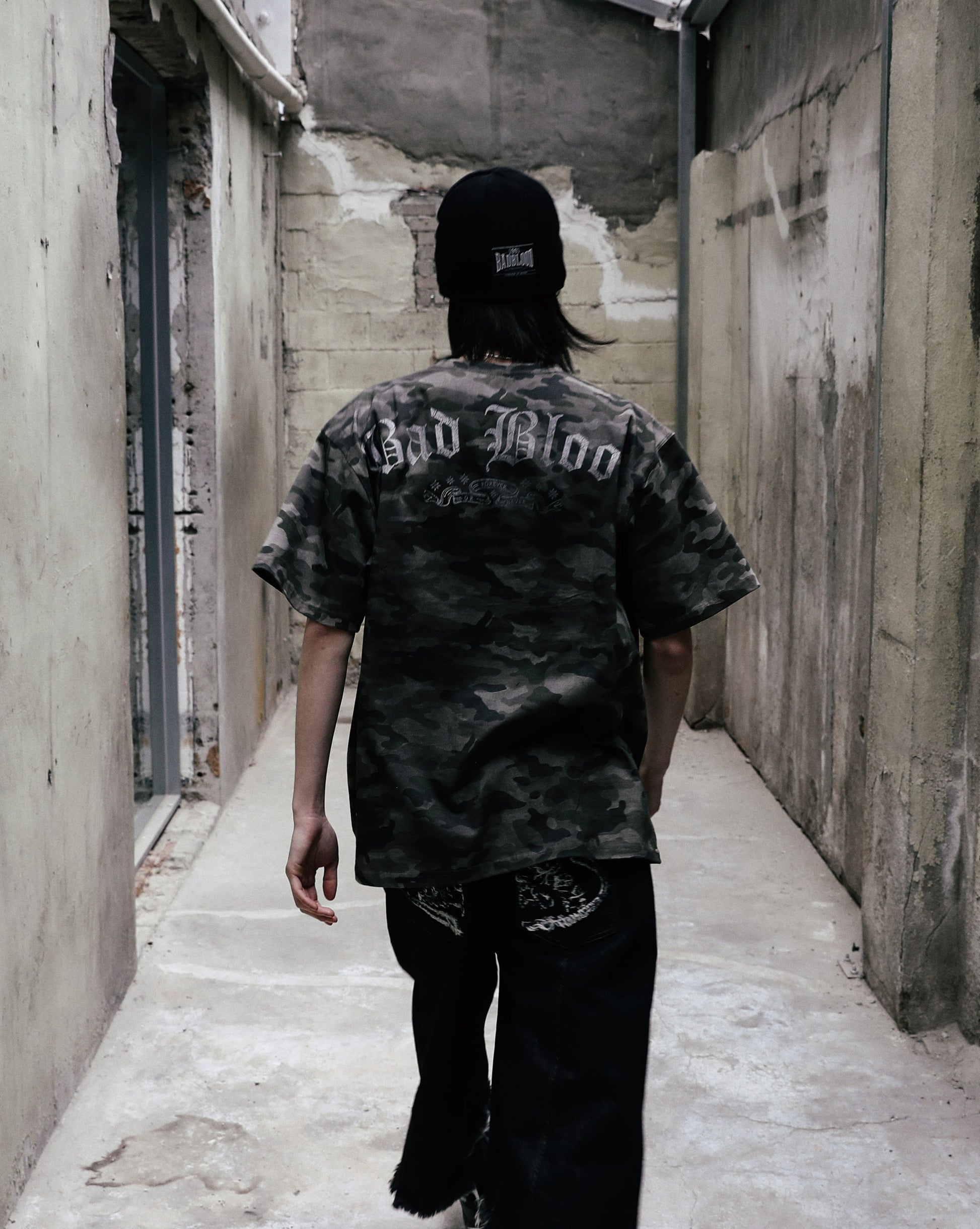 Badblood Crack Print T-Shirt Green Camo
