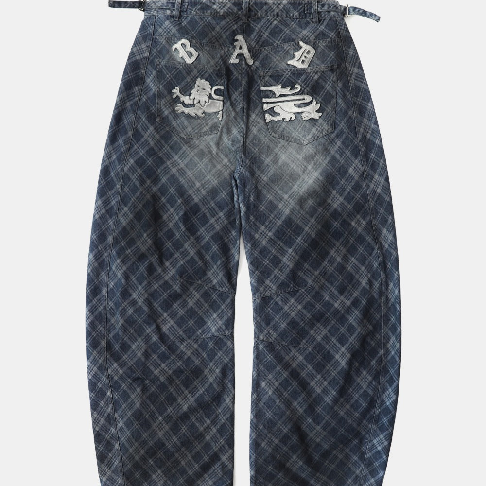 Badblood Lion Patch Washed Barrel Pants Blue Denim Check