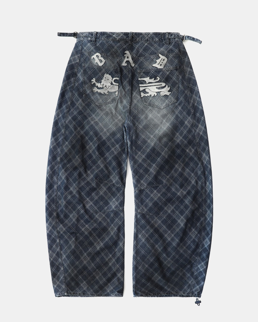 Badblood Lion Patch Washed Barrel Pants Blue Denim Check