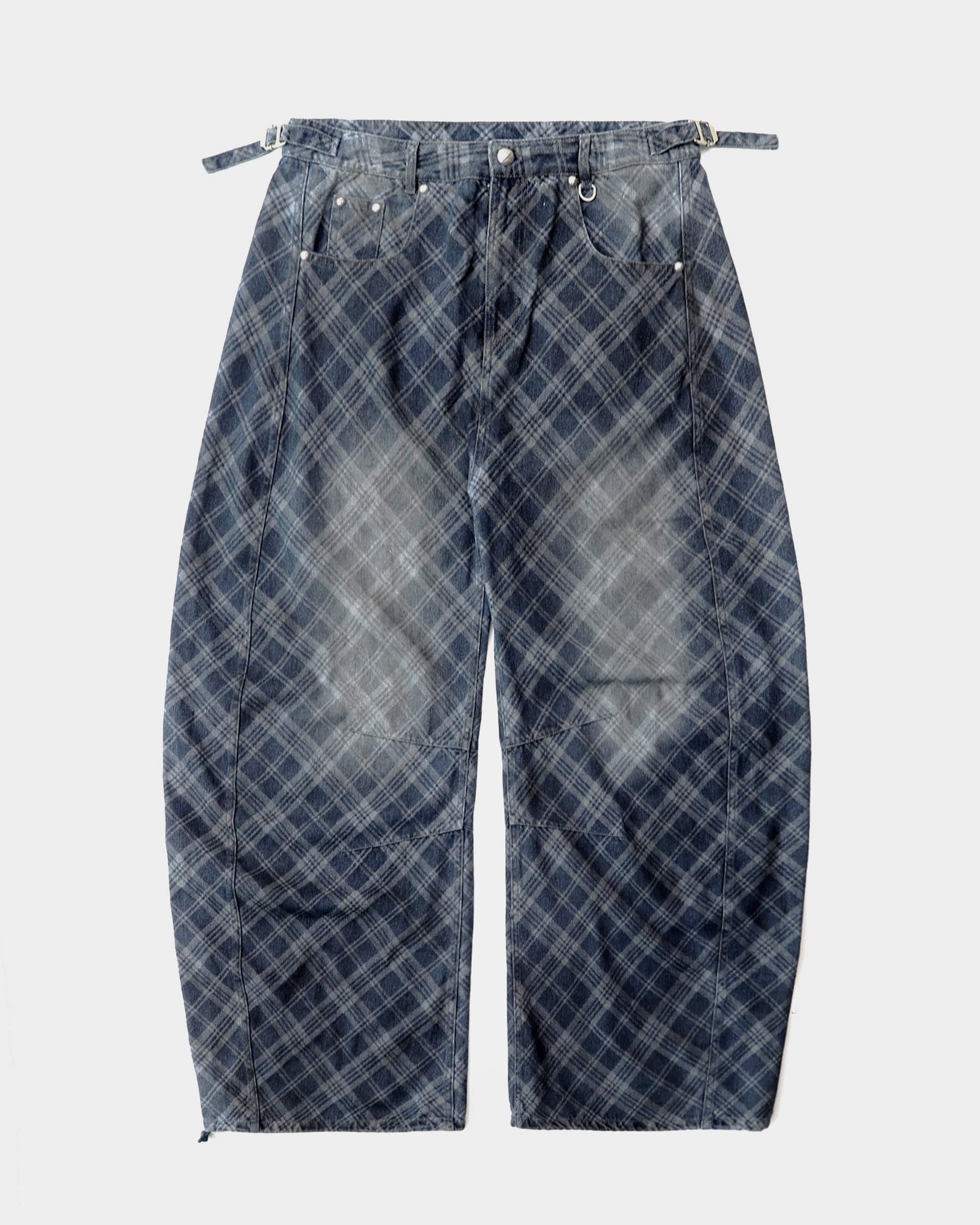 Badblood Lion Patch Washed Barrel Pants Blue Denim Check