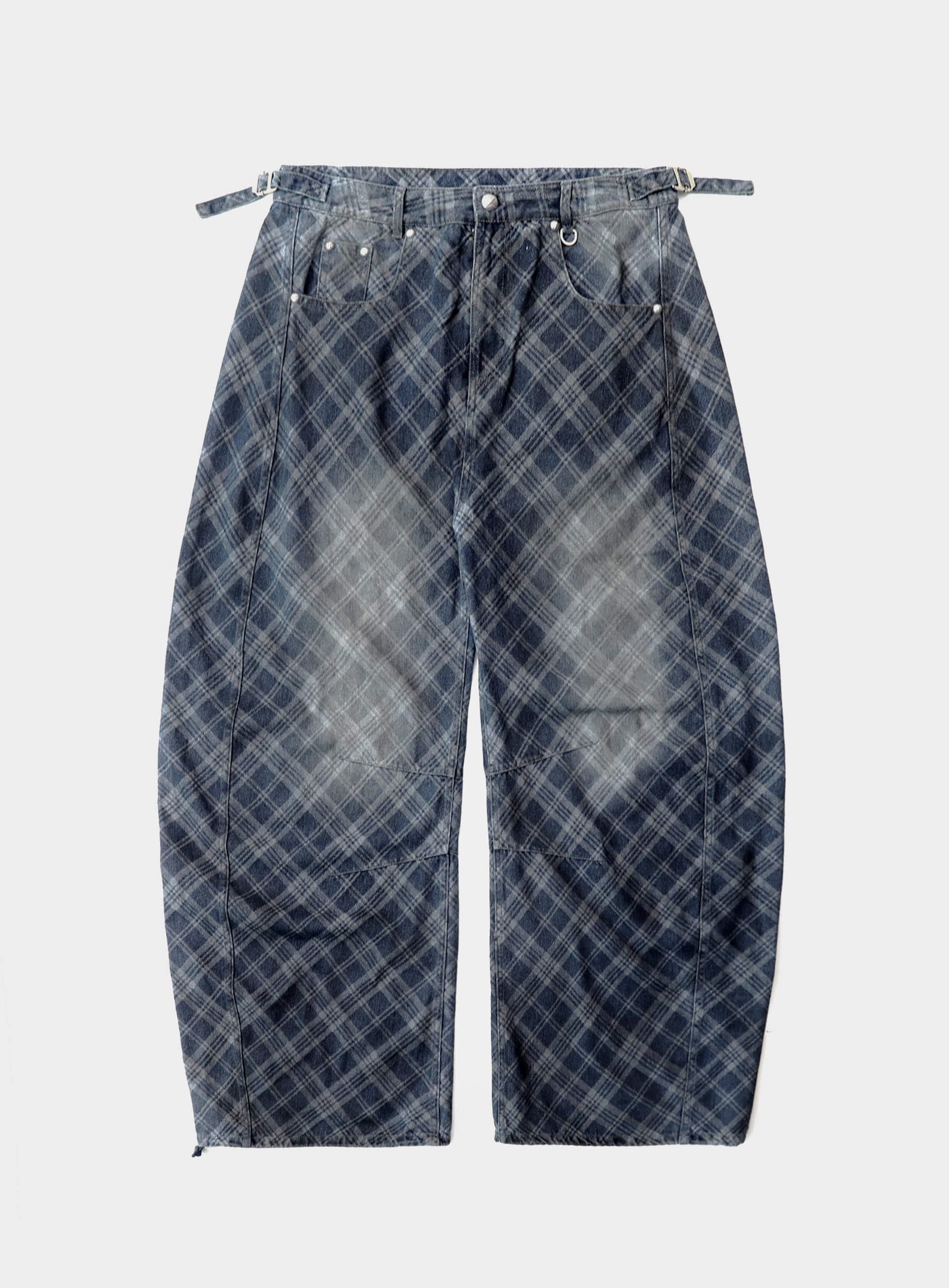 Badblood Lion Patch Washed Barrel Pants Blue Denim Check