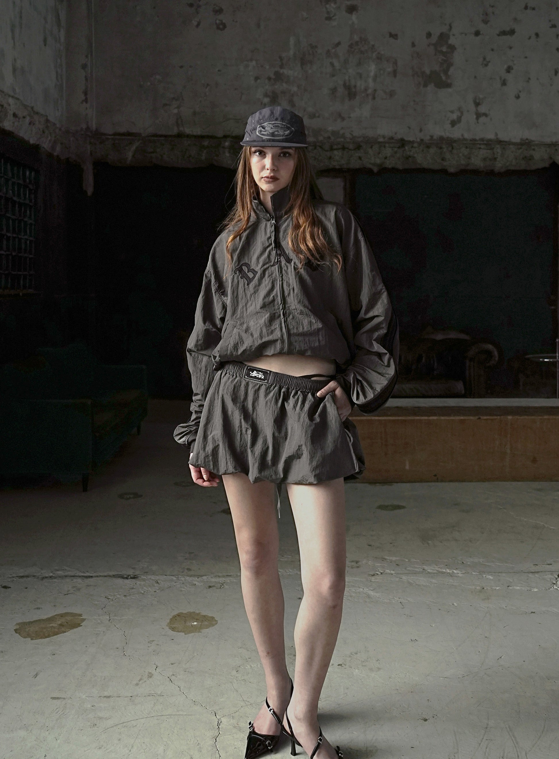 Badblood Dark Billy Nylon Balloon Mini Skirt - Charcoal Brown