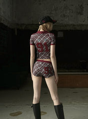 Badblood Vintage Club V-Neck Check T-Shirt - Red