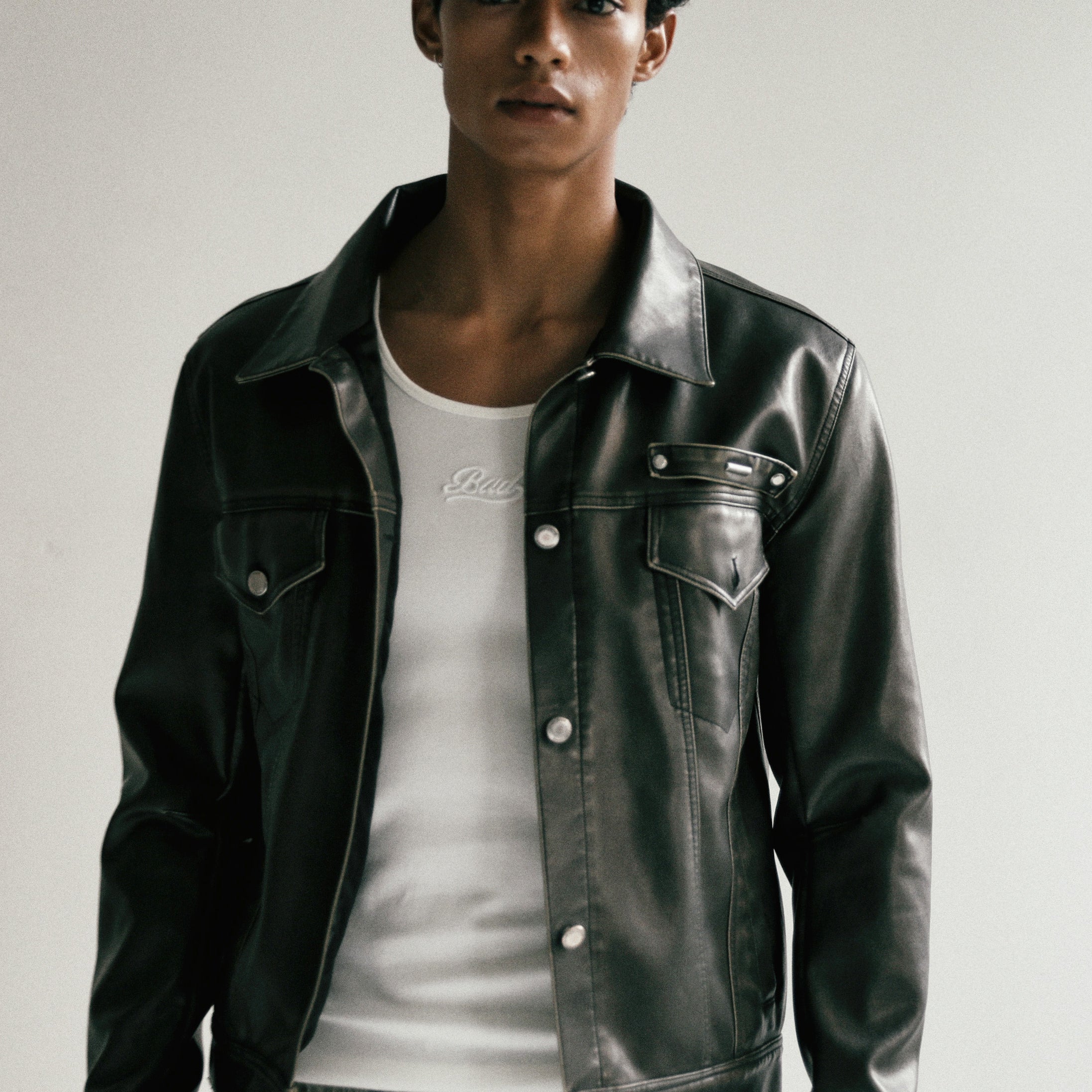 Badblood Washed Leather Trucker Jacket - Khaki