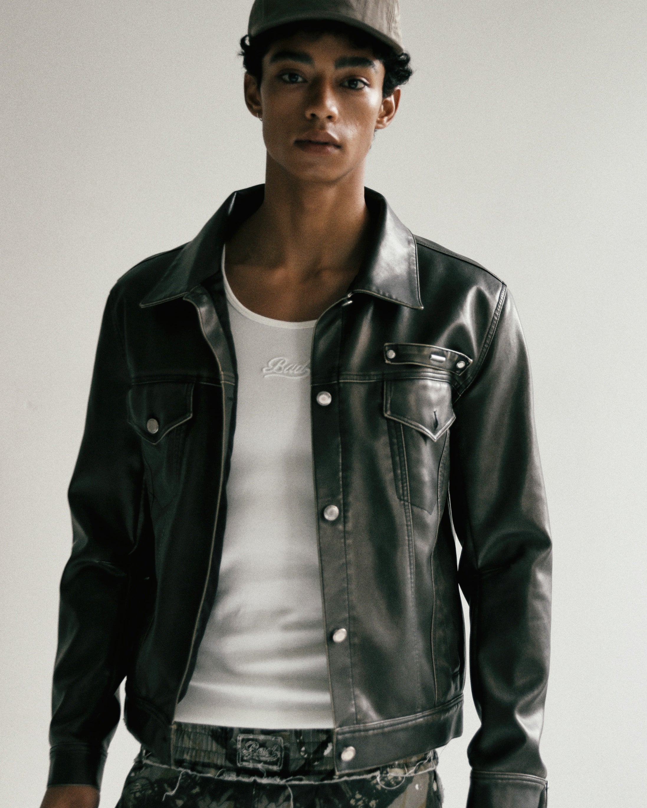 Badblood Washed Leather Trucker Jacket - Khaki