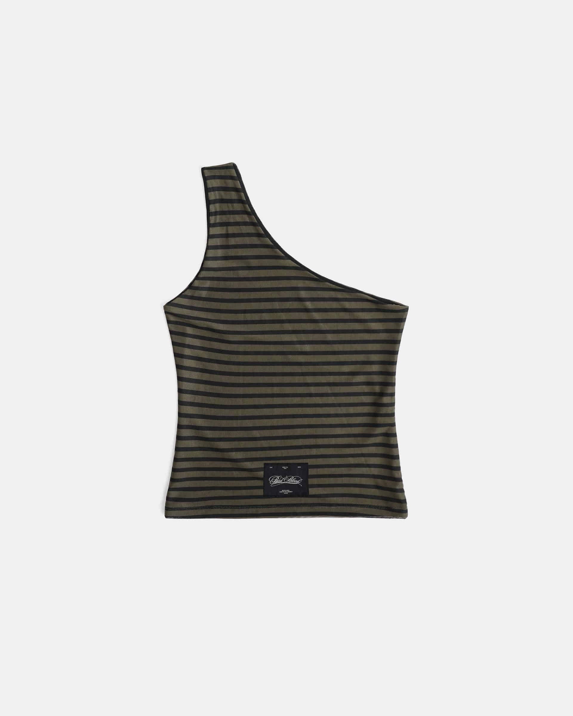 Badblood Striped One Shoulder Tank - Khaki/Black