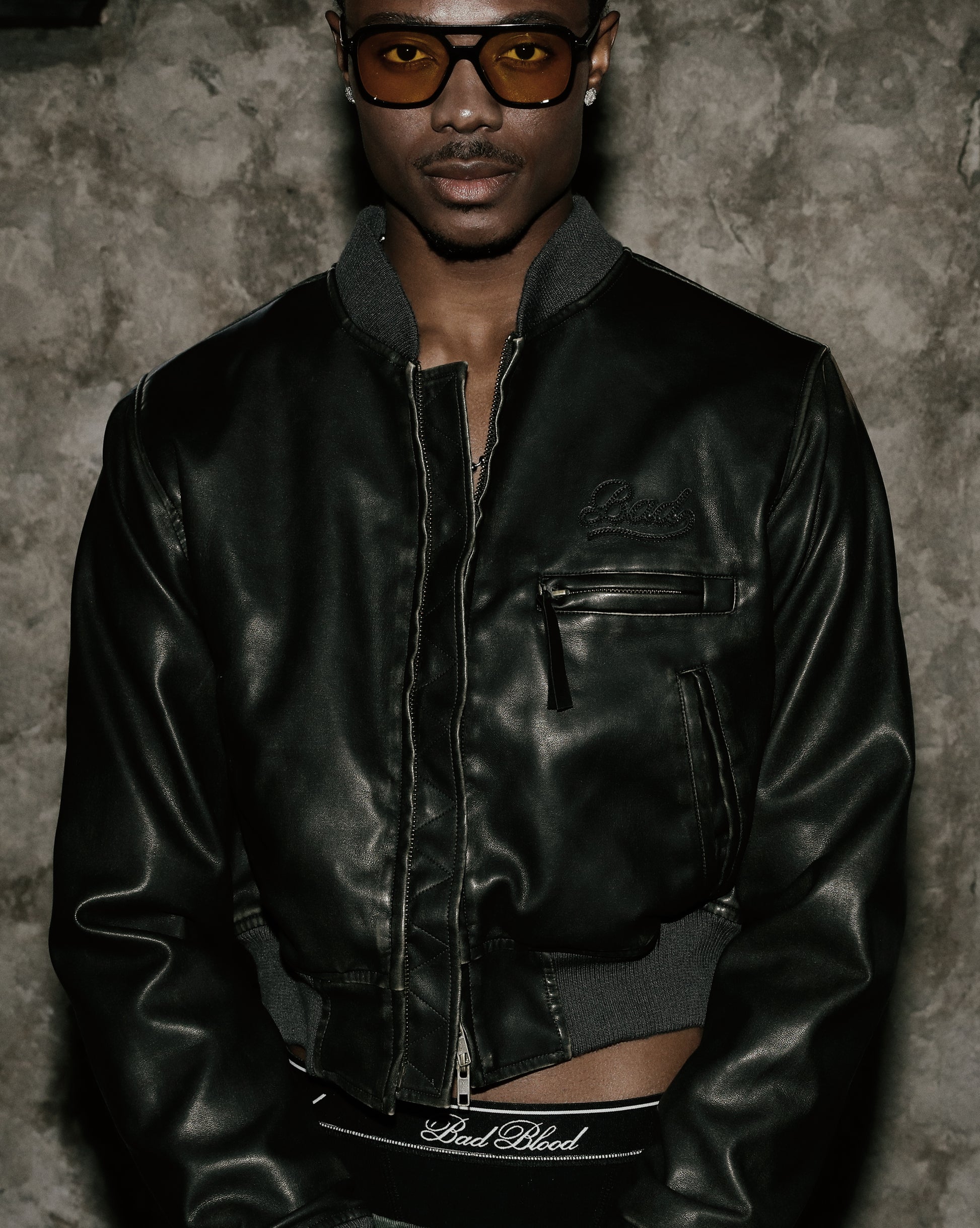 Badblood Leather ma-1 jacket washed black