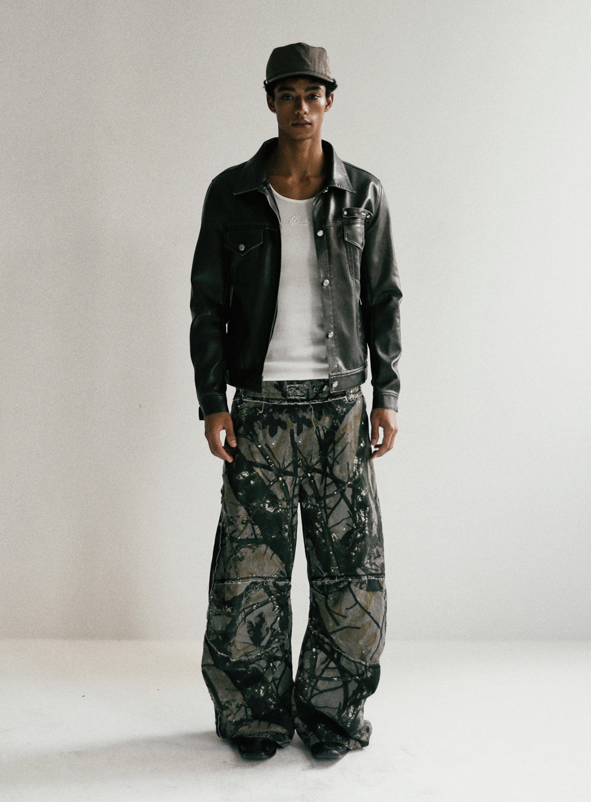 Badblood Washed Leather Trucker Jacket - Khaki