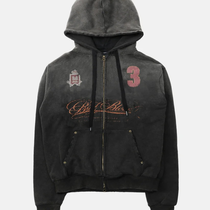 Badblood Royal Classic Distressed Hooded Zip-Up - Black