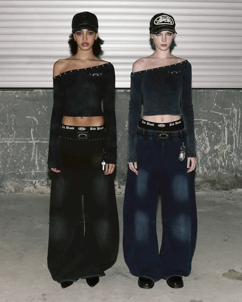 Badblood Mystic Studded Washed Denim Sweatpants - Blue