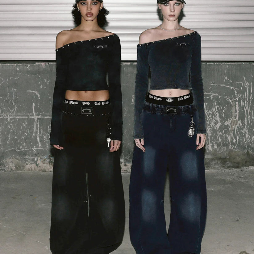 Badblood Mystic Studded Washed Denim Sweatpants - Blue