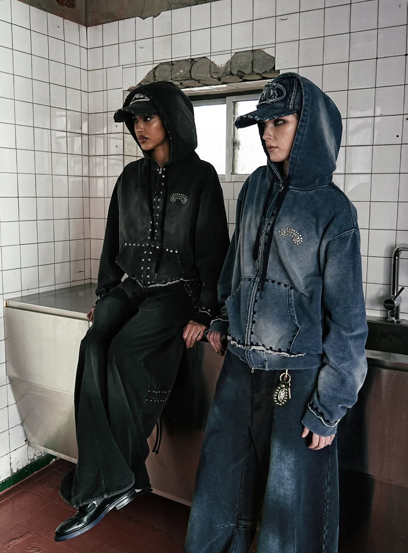 Badblood Mystic Studded Washed Denim Sweatpants - Blue