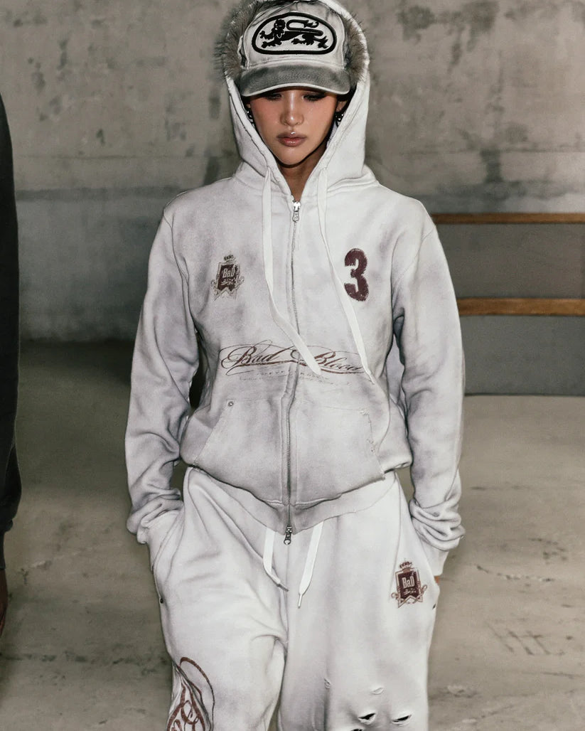 Badblood Royal Classic Distressed Hooded Zip-Up - White