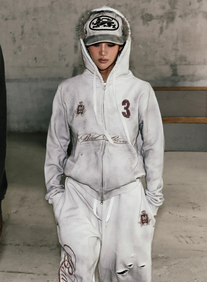 Badblood Royal Classic Distressed Hooded Zip-Up - White