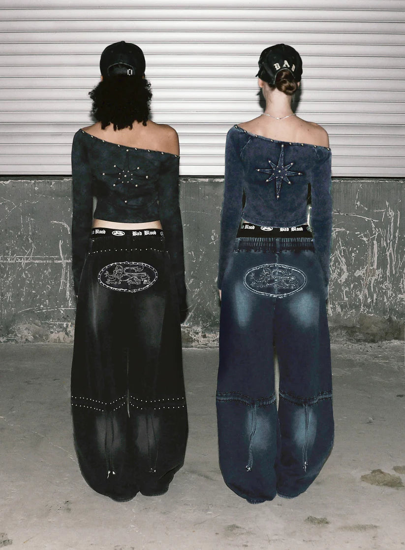 Badblood Mystic Studded Washed Denim Sweatpants - Blue