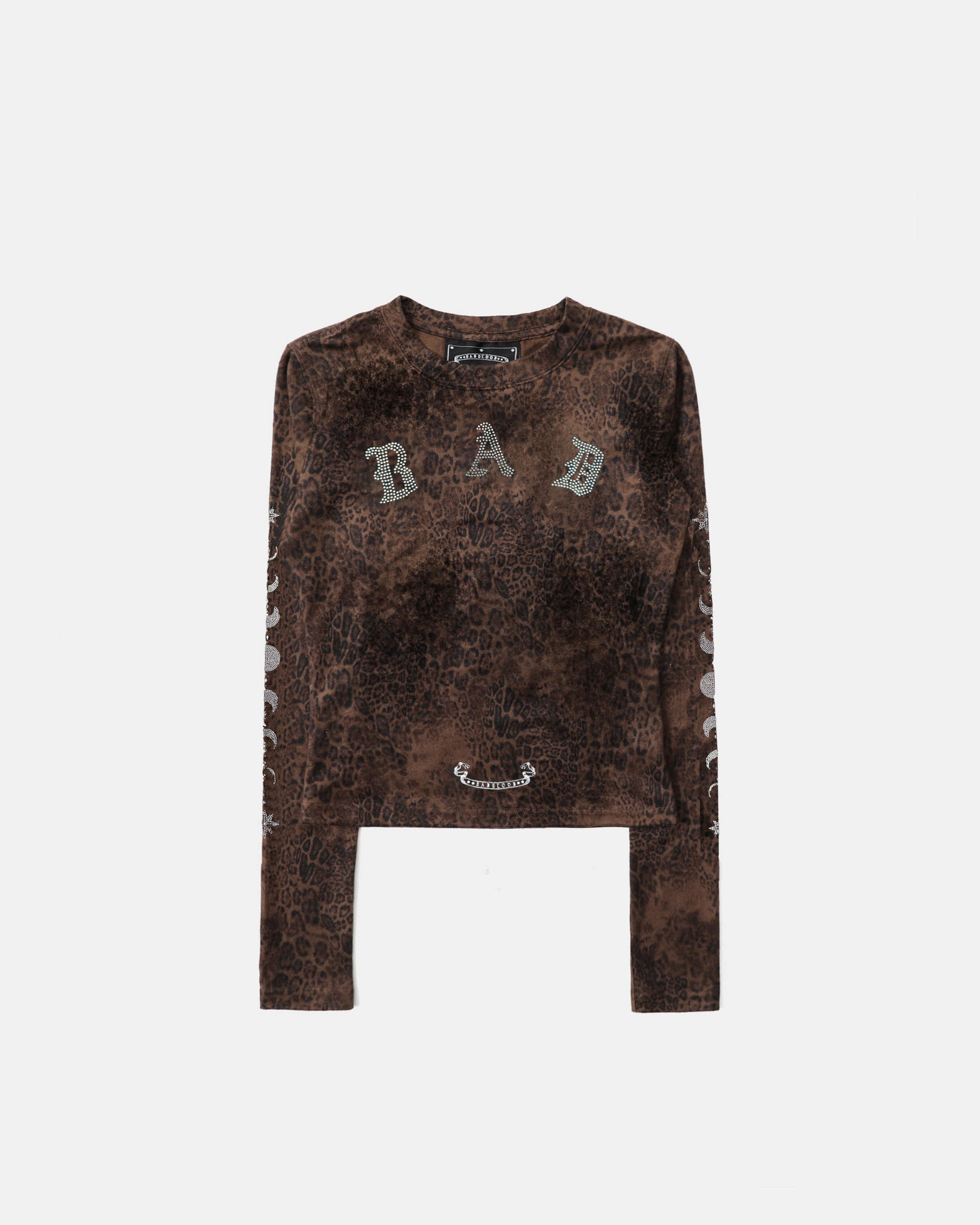 Badblood Mystic Rhinestone Logo Jersey Slim Long Sleeve Brown Leopard