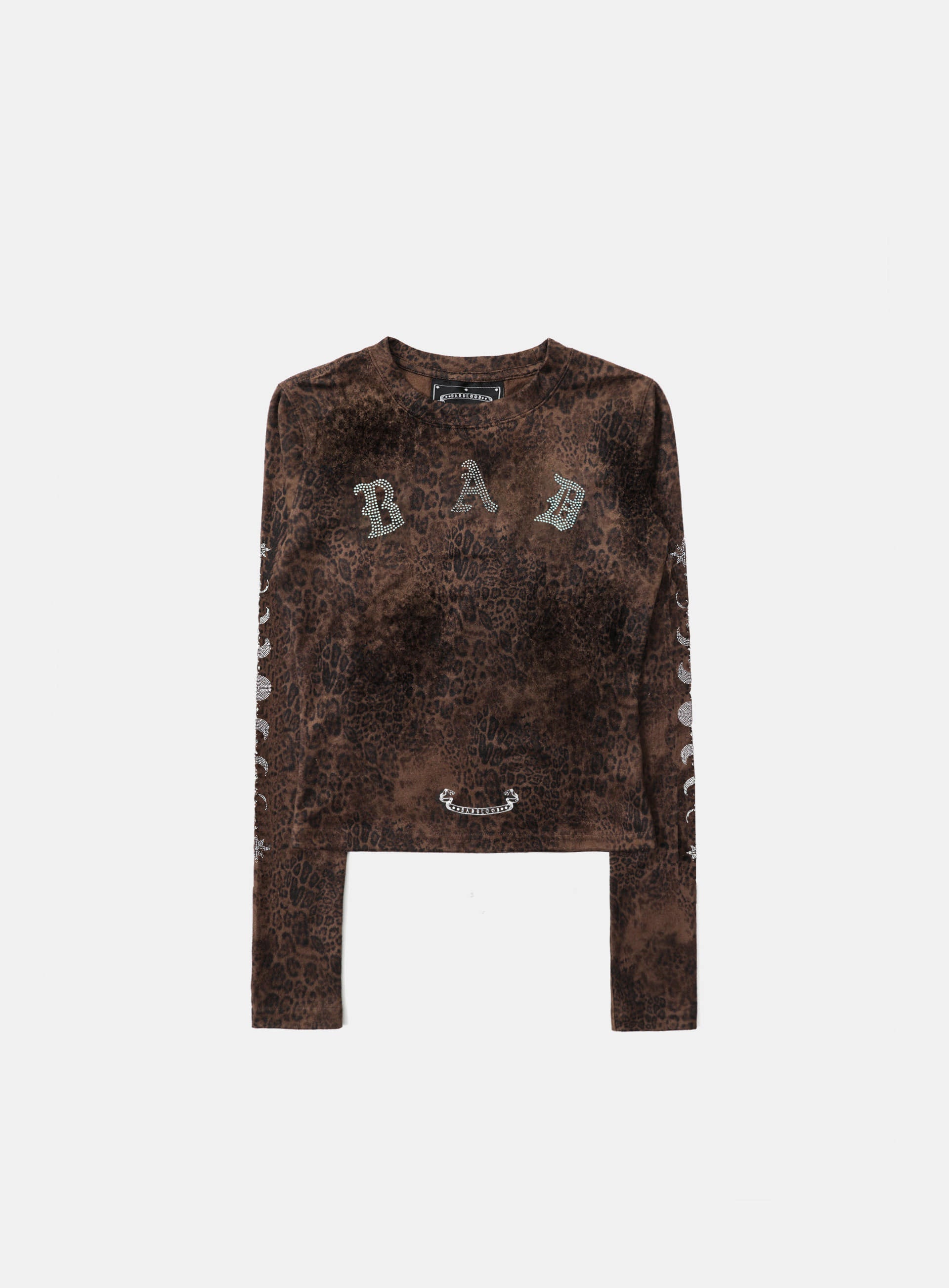 Badblood Mystic Rhinestone Logo Jersey Slim Long Sleeve Brown Leopard