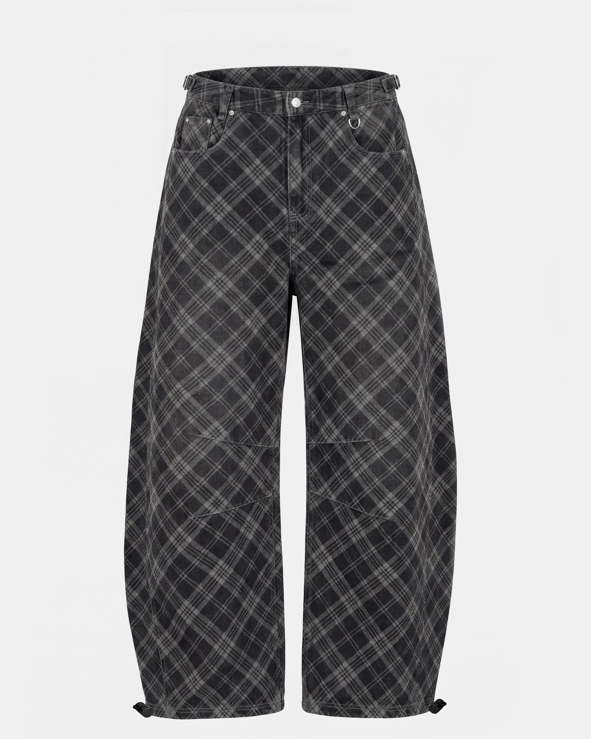 Badblood Lion Patch Washed Barrel Pants - Black Denim Check