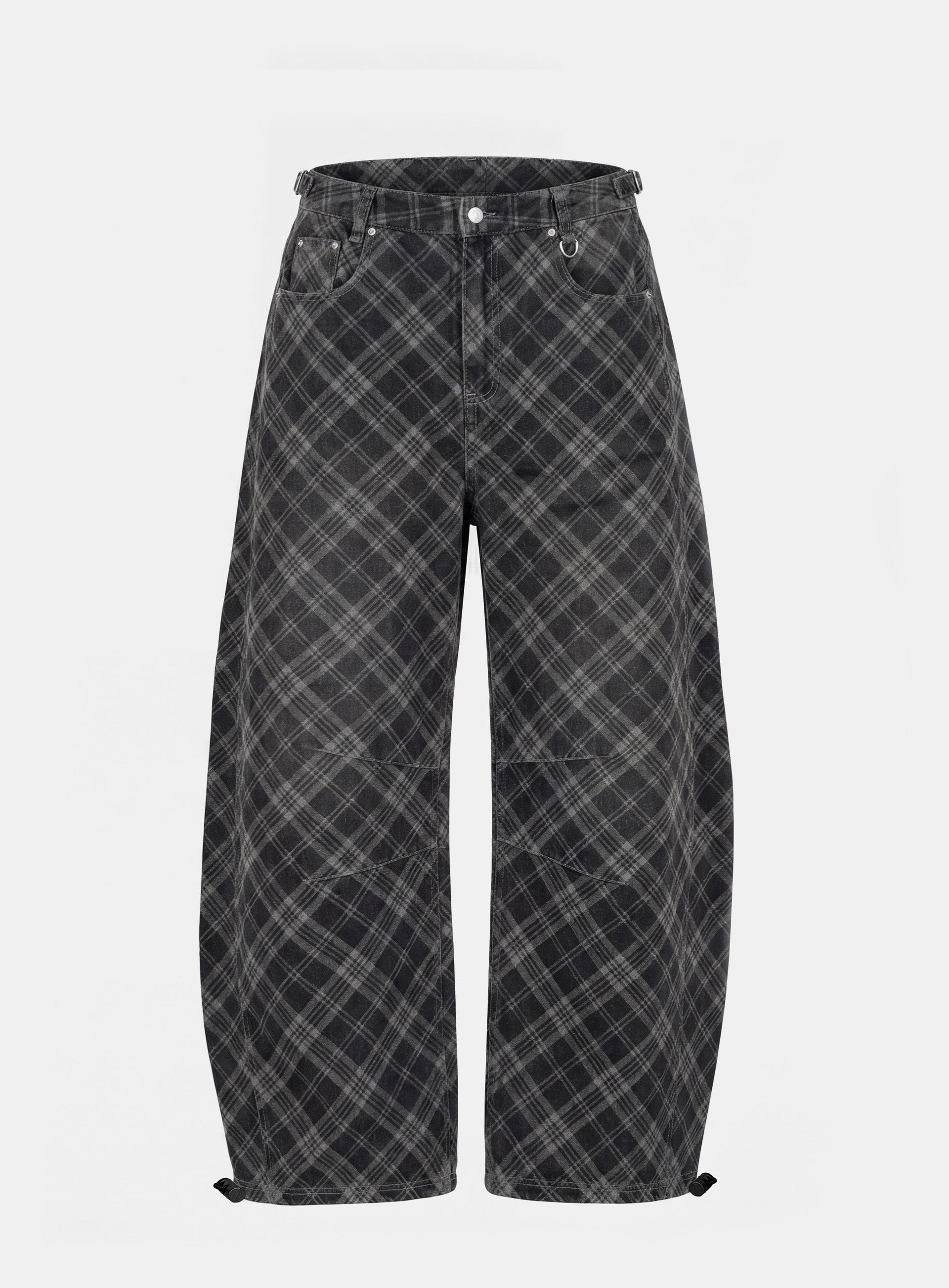 Badblood Lion Patch Washed Barrel Pants - Black Denim Check