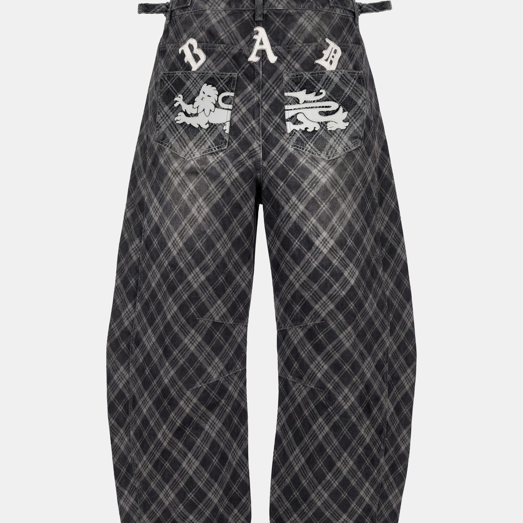 Badblood Lion Patch Washed Barrel Pants - Black Denim Check
