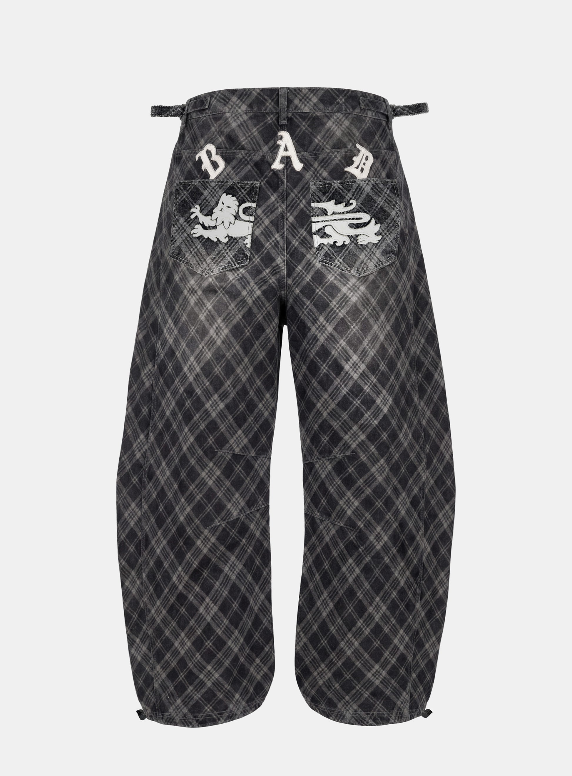 Badblood Lion Patch Washed Barrel Pants - Black Denim Check