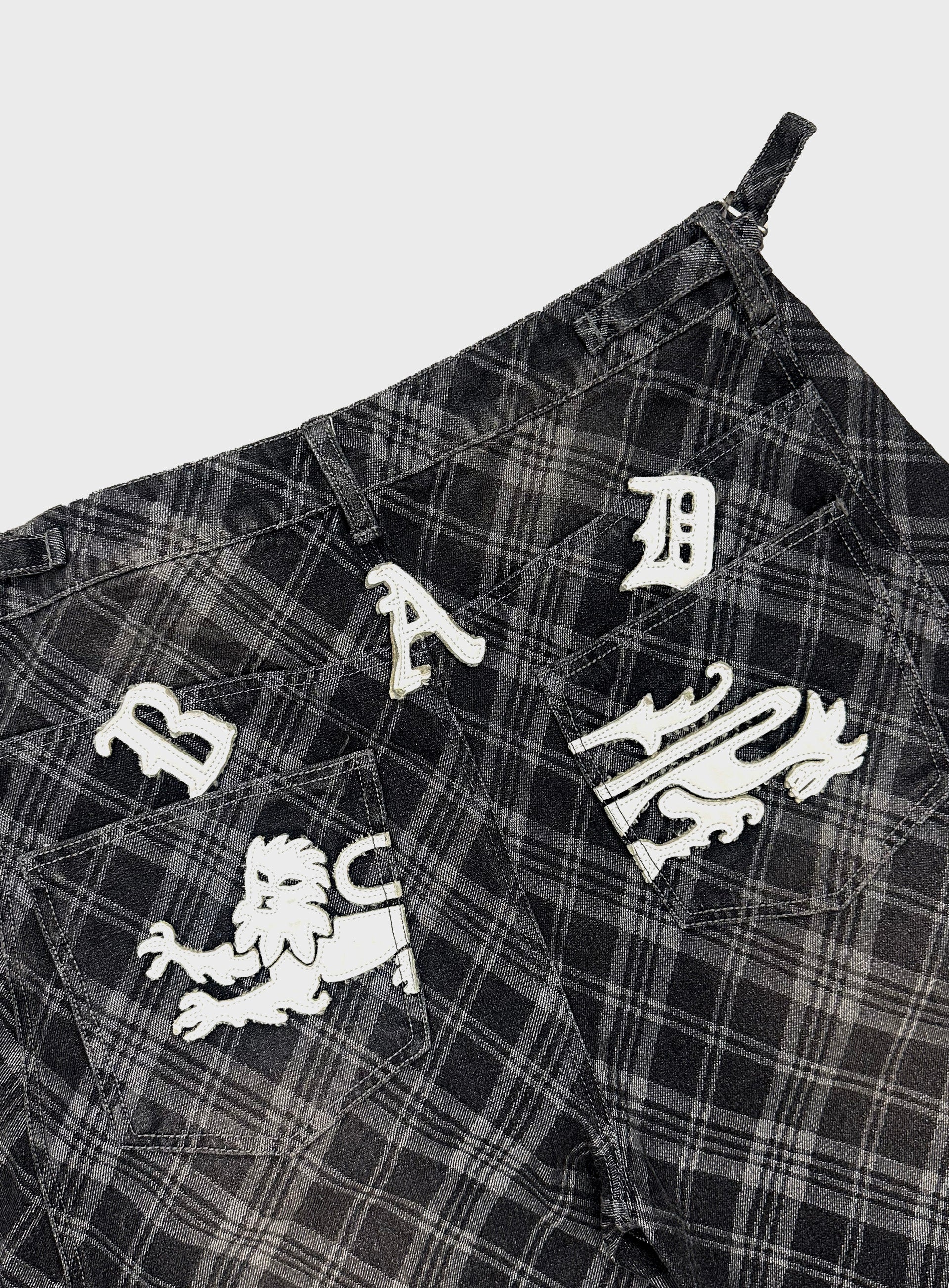 Badblood Lion Patch Washed Barrel Pants - Black Denim Check