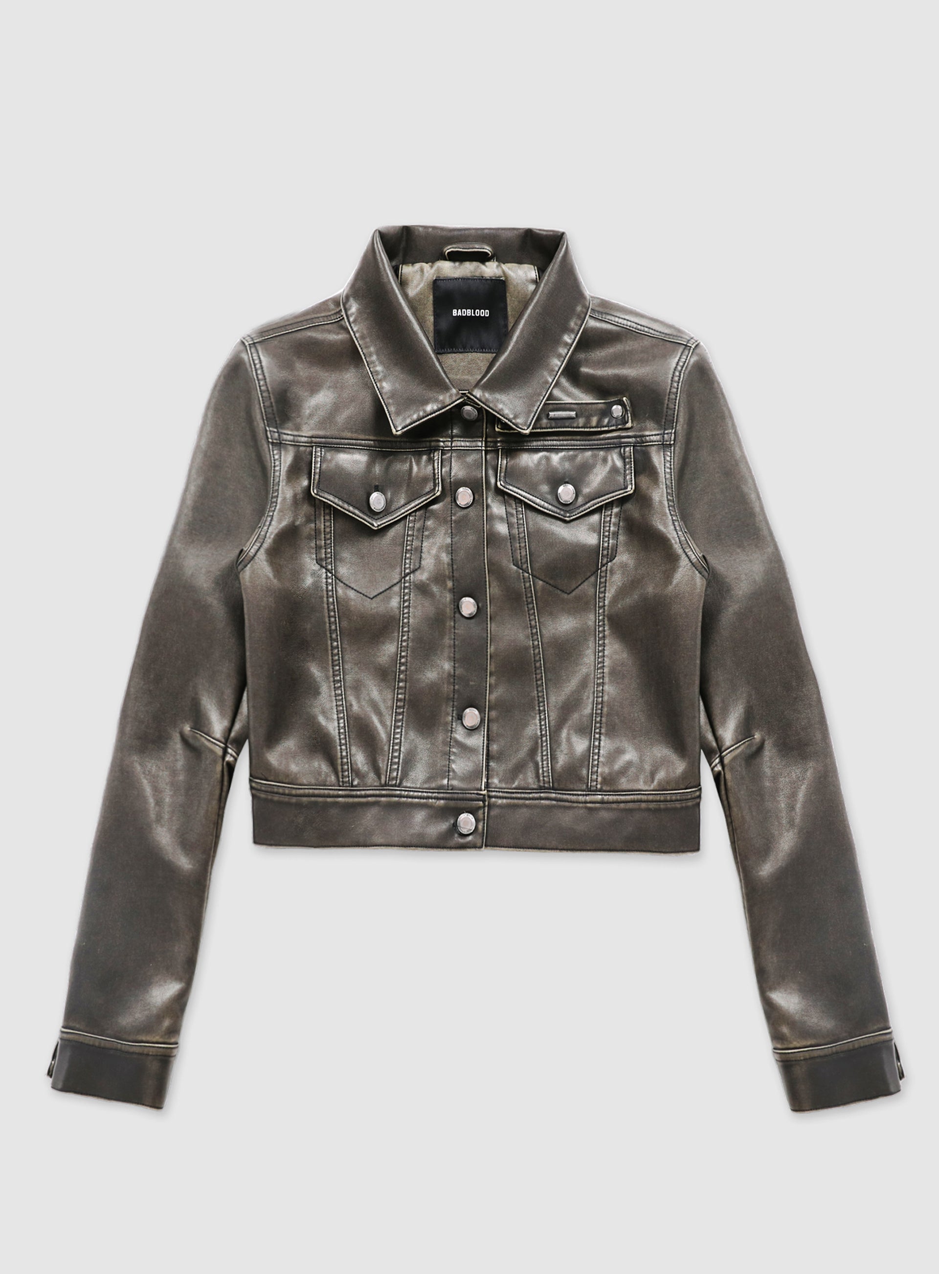 Badblood Washed Leather Trucker Jacket - Khaki