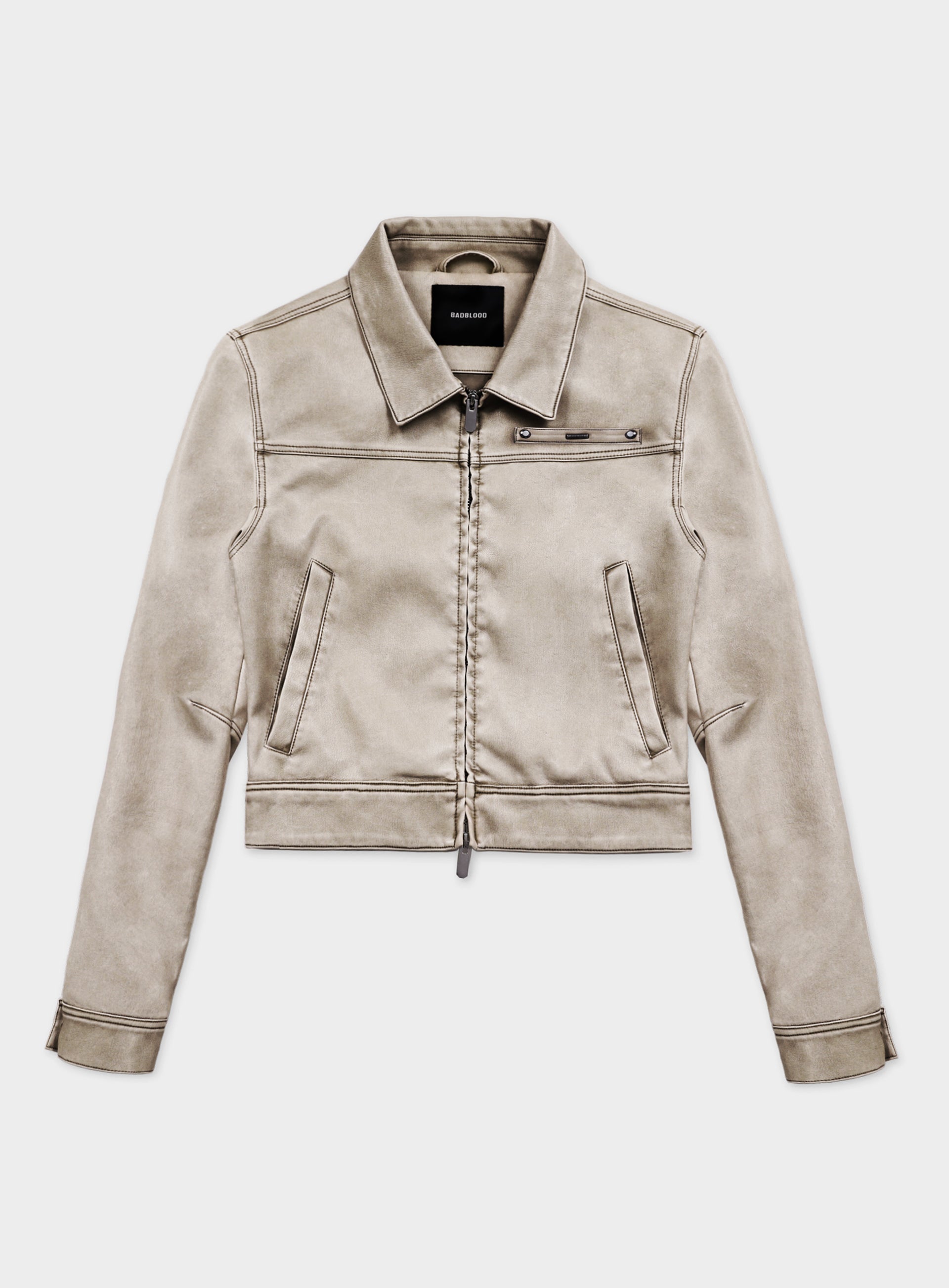 Badblood Washed Leather Harrington Jacket - Cream