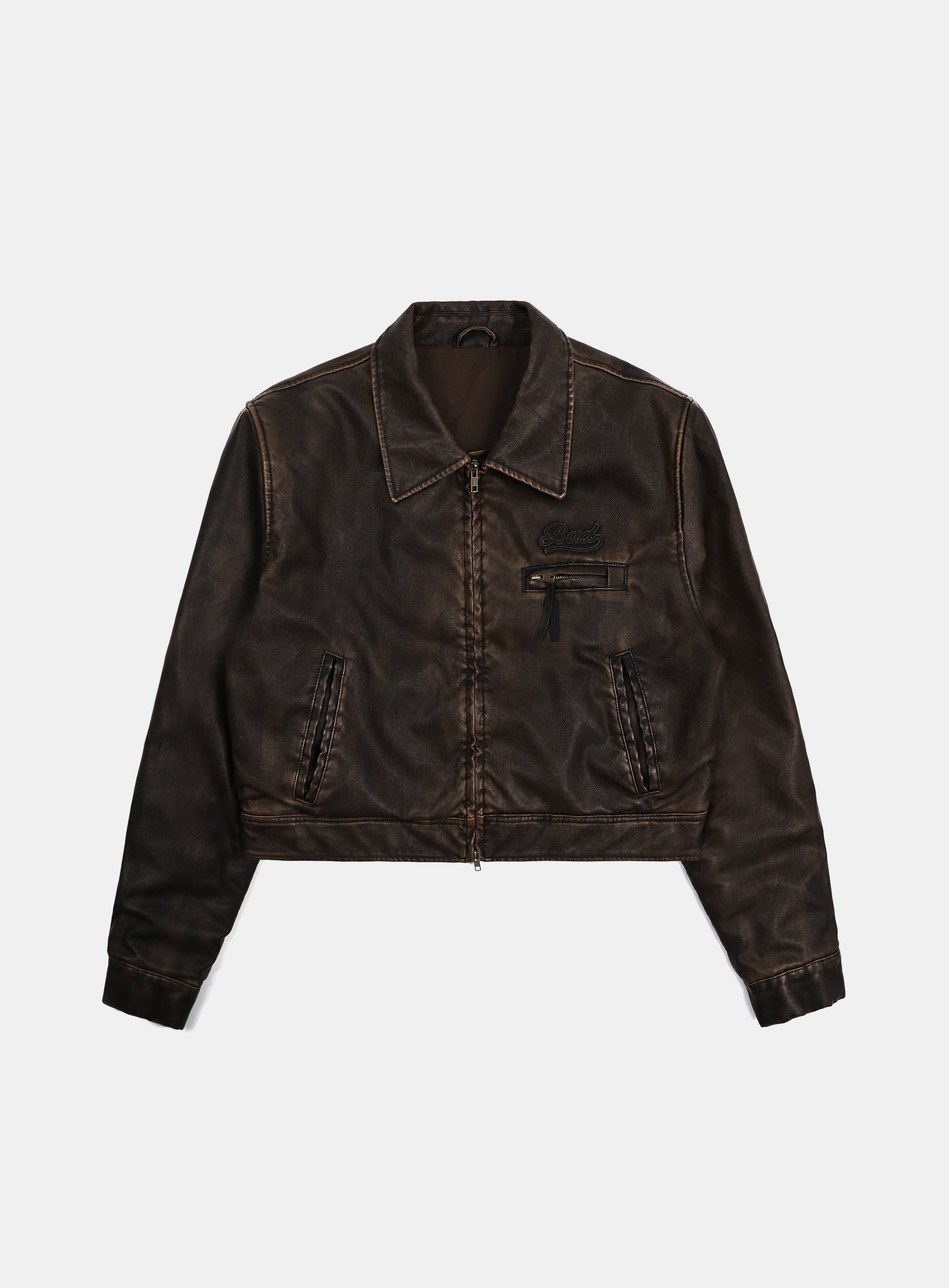 Badblood Leather Harrington Jacket Washed Brown