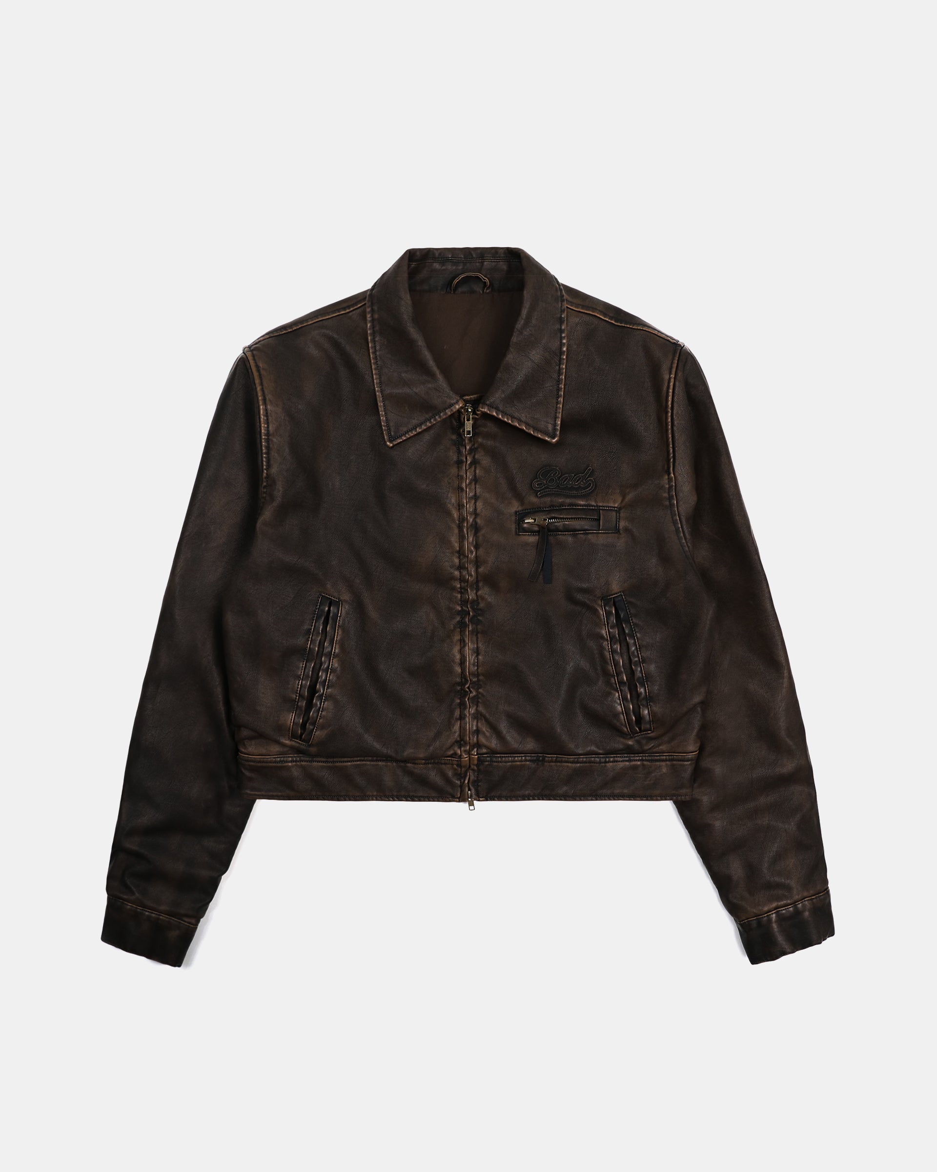 Badblood Leather Harrington Jacket Washed Brown