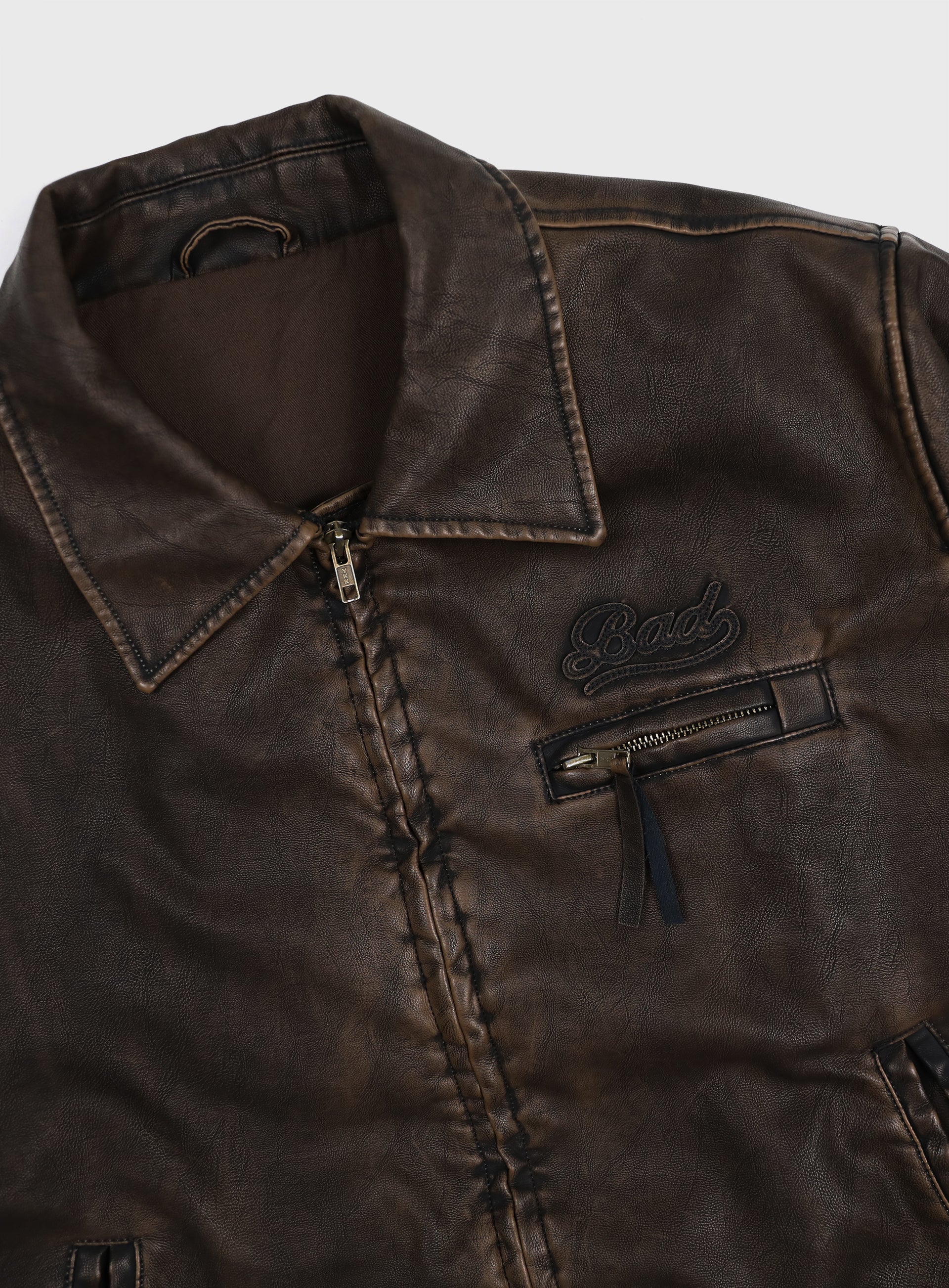 Badblood Leather Harrington Jacket Washed Brown