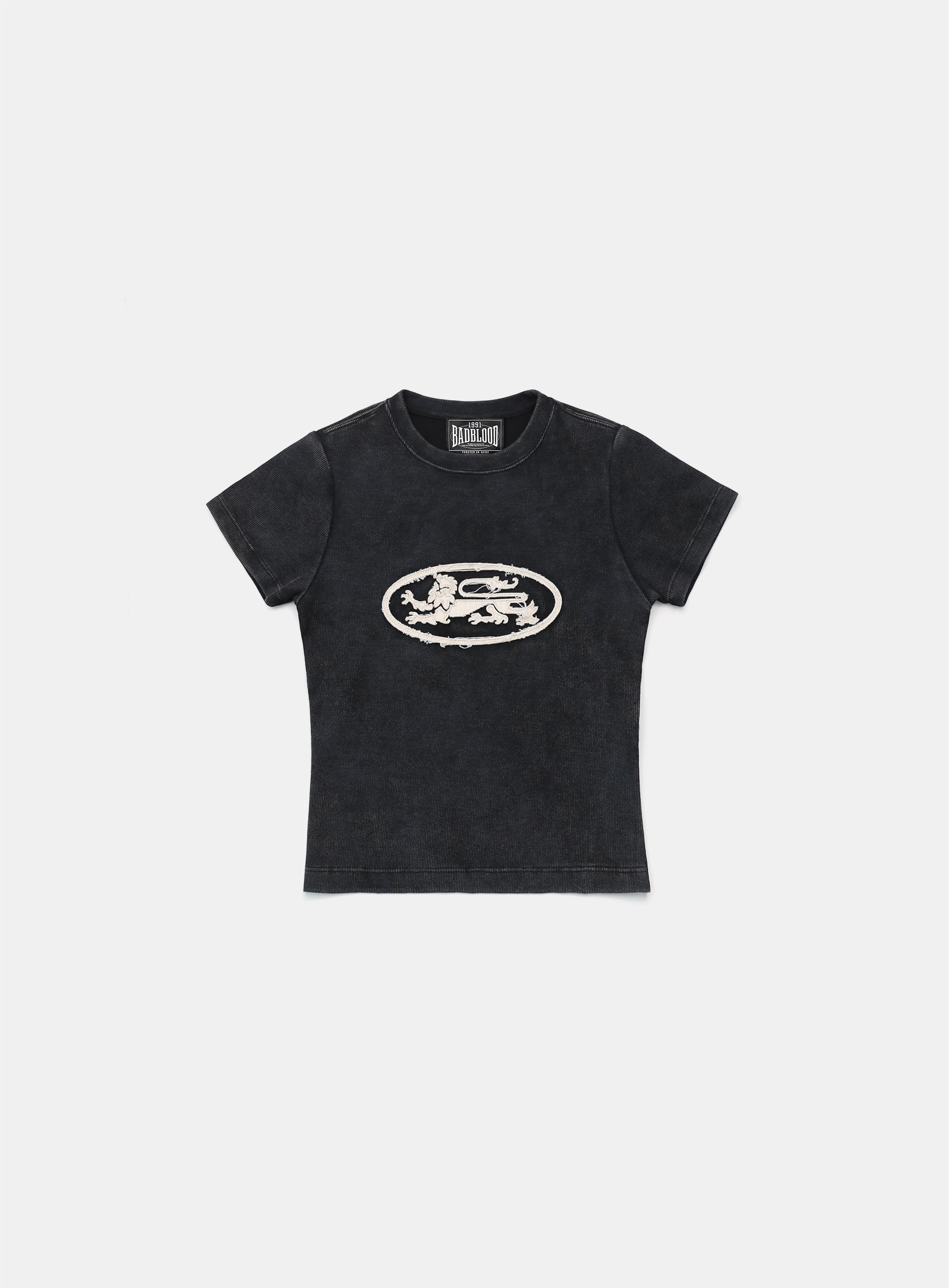 Badblood Lion Patch Short Sleeve Slim Fit Washed Black
