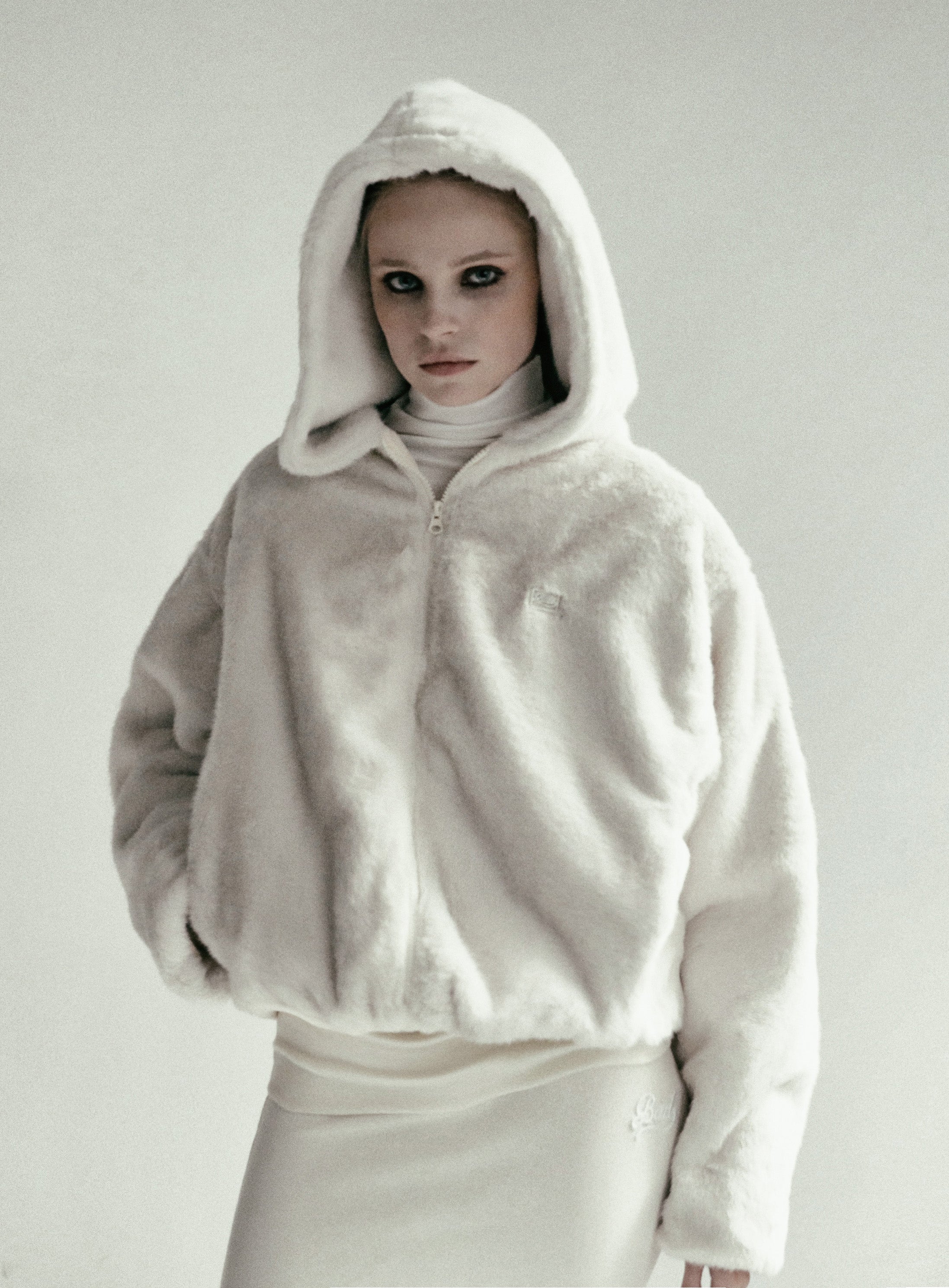 Badblood Beyond Soft Light Fur Hooded Zip-Up Cream