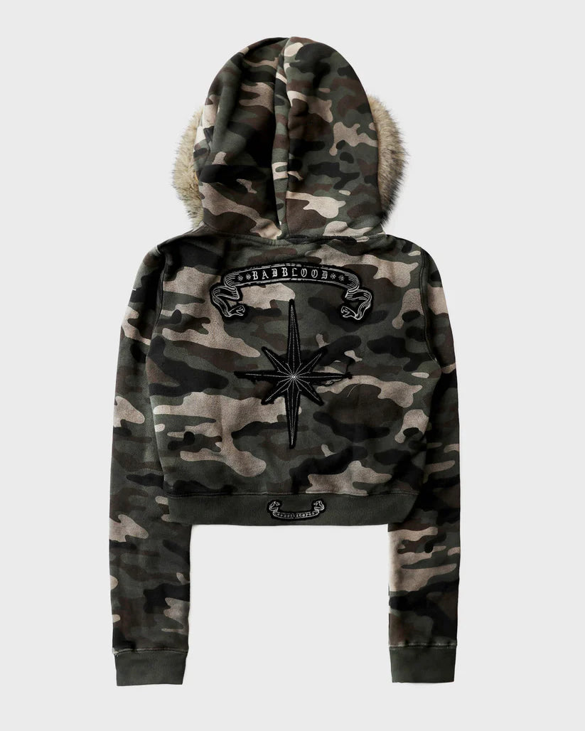 Badblood Cosmo11 Detachable Fur Hooded Zip-Up - Green Camo