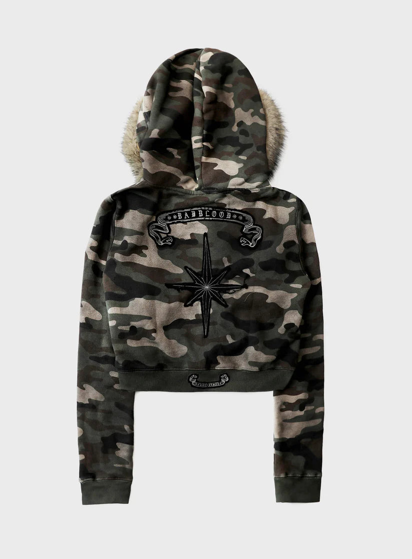 Badblood Cosmo11 Detachable Fur Hooded Zip-Up - Green Camo