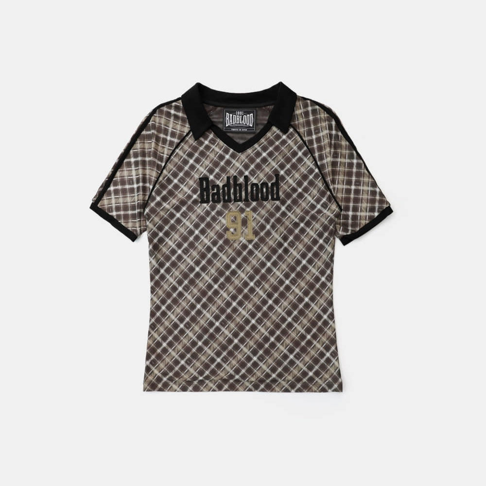 Badblood Vintage Club V-Neck Check T-Shirt Brown