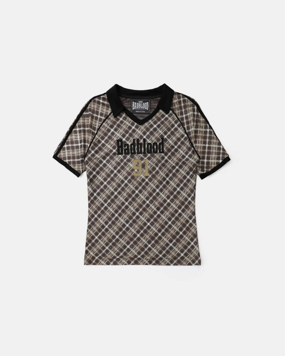 Badblood Vintage Club V-Neck Check T-Shirt Brown