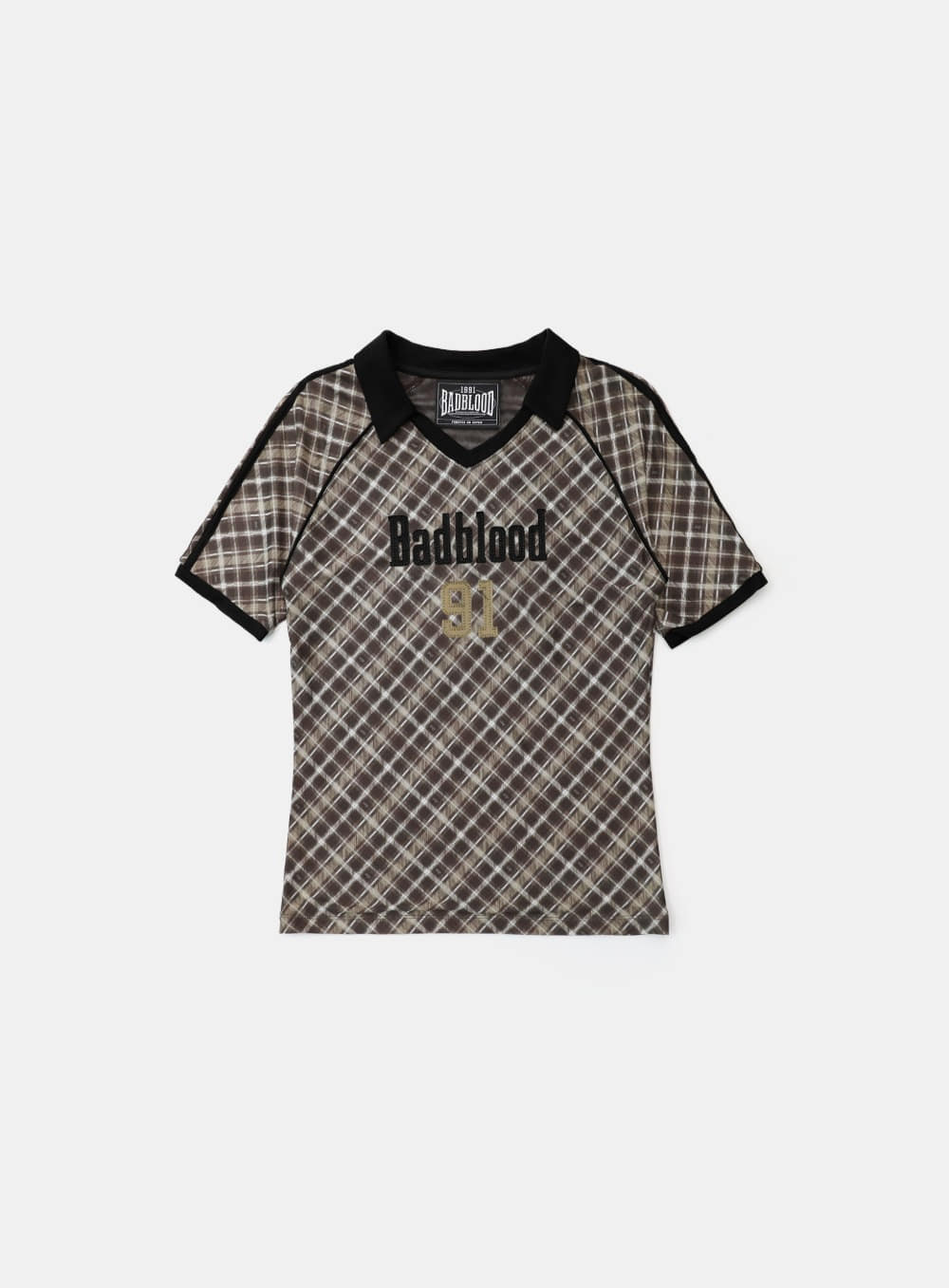 Badblood Vintage Club V-Neck Check T-Shirt Brown