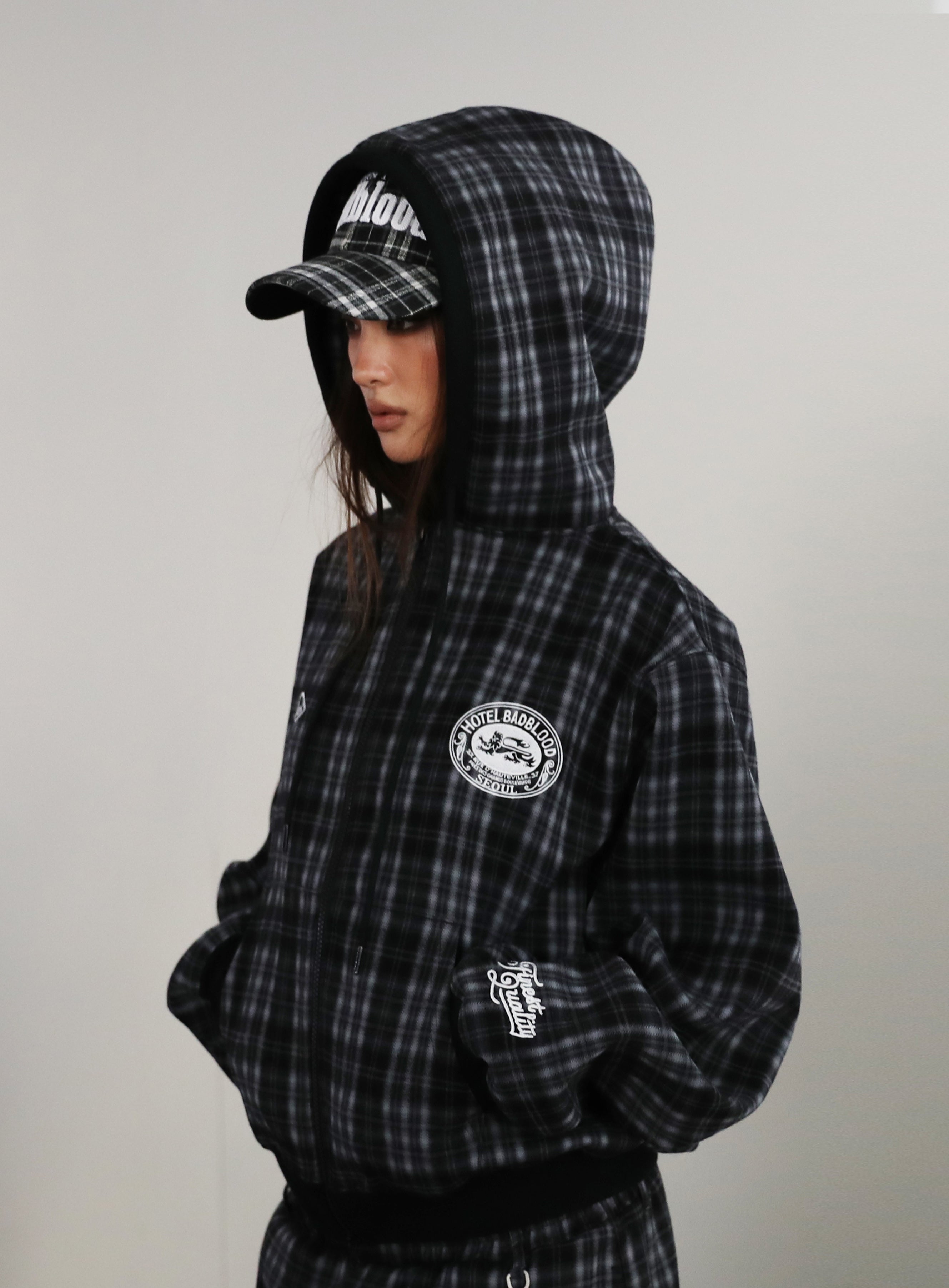 Badblood  Classic Check Hooded Zip-Up - Black