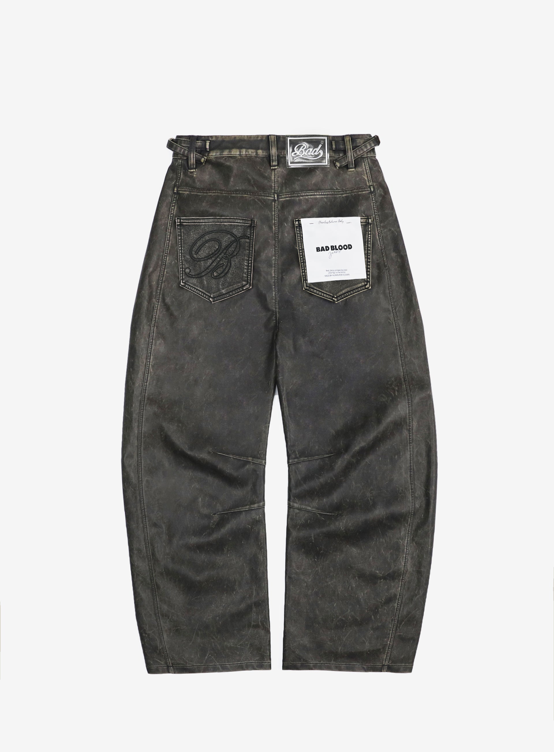 Badblood Charlie Washed Leather Barrel Pants Khaki Black